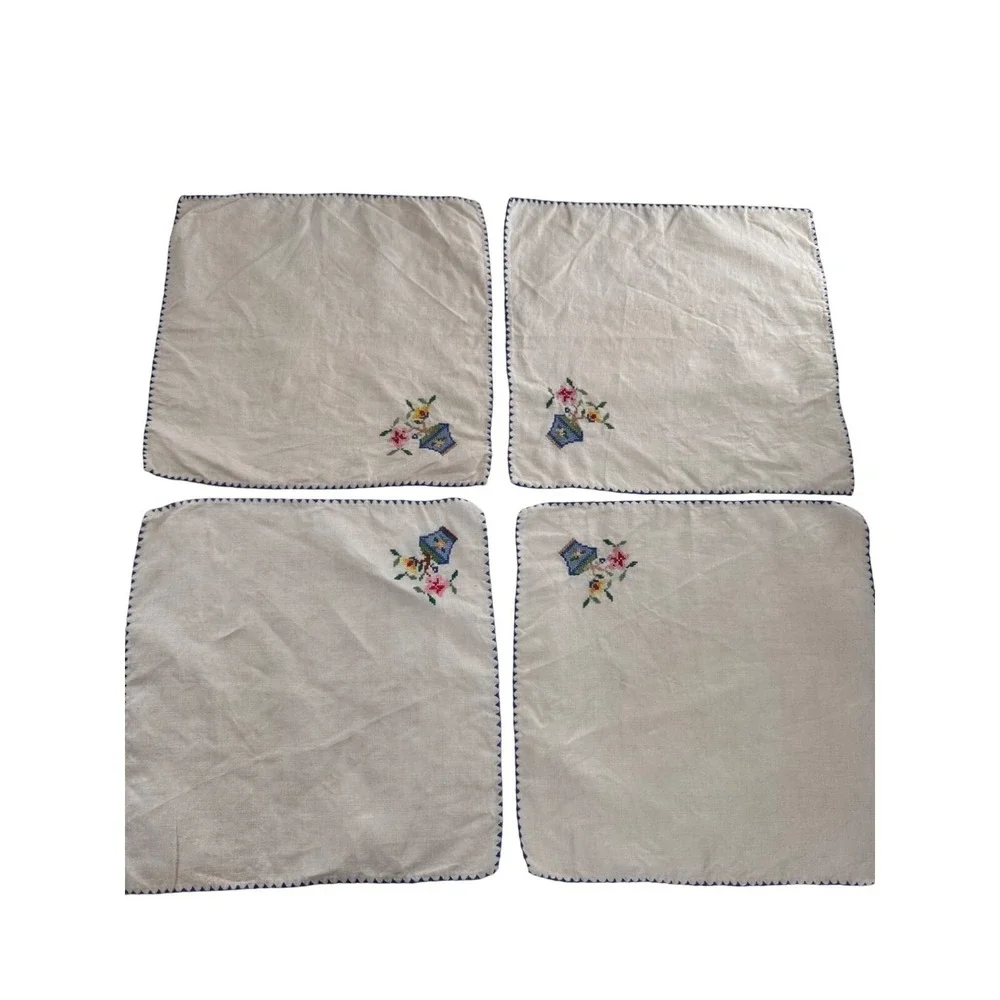 Vtg Embroidered Linen Napkins Set Of 4 10x10 needlepoint country granny boho
